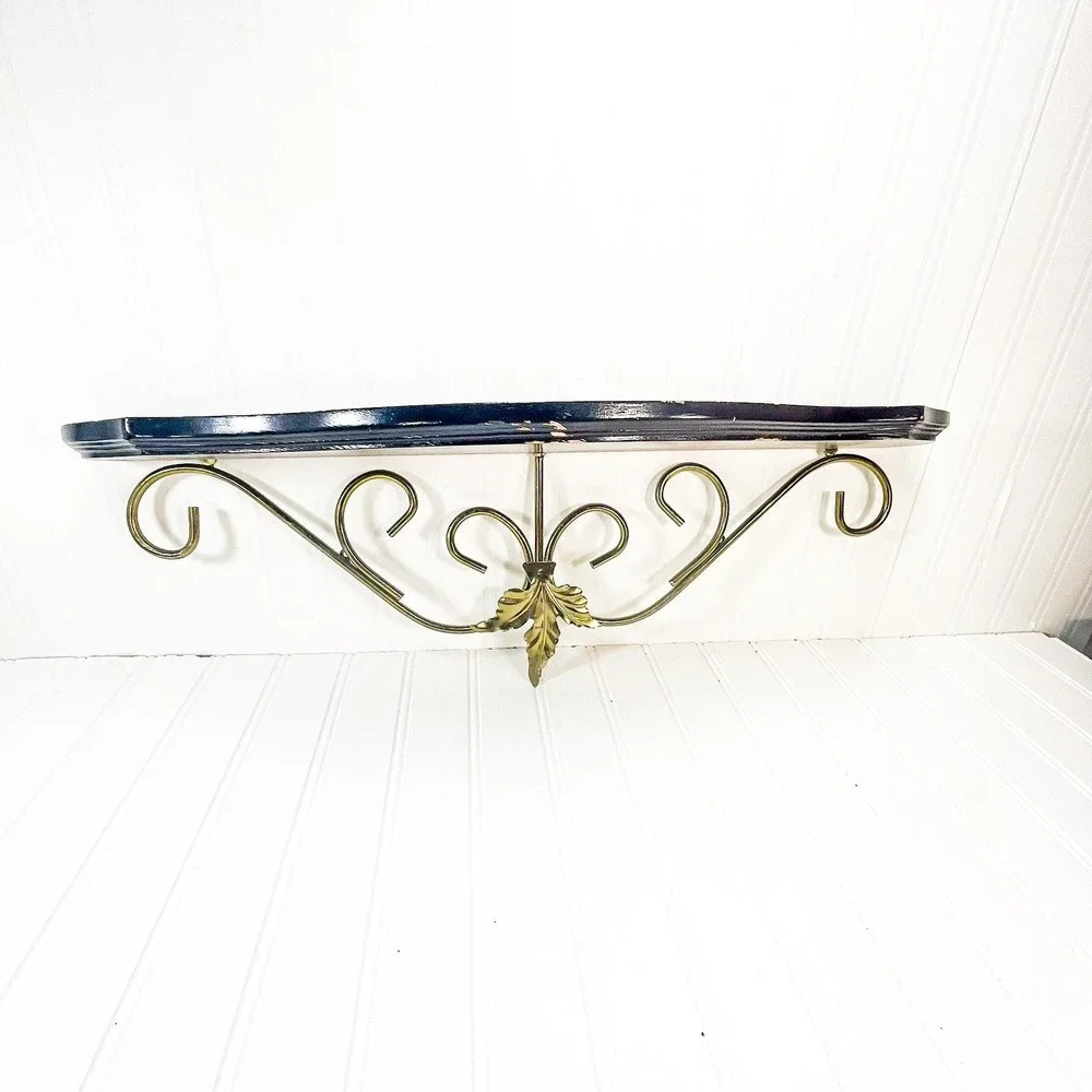 Midcentury Modern Wood Shelf with Brass Rail - Vintage MCM Trinket Shelf